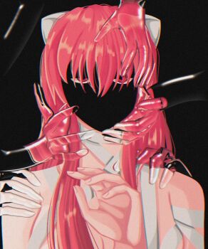 1girl bandages black_background commentary elfen_lied english_commentary hair_between_eyes hand_on_another&#039;s_face hand_on_another&#039;s_shoulder highres horns long_hair looking_at_viewer lucy_(elfen_lied) pink_eyes pink_hair russlanbf shaded_face simple_background solo upper_body vectors
