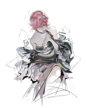 1girl absurdres black_jacket breasts choker collarbone crop_top from_above green_eyes hair_ornament hand_on_own_chest hand_up highres jacket jojo_no_kimyou_na_bouken kanji_(nievart) lips long_skirt looking_at_viewer math medium_breasts midriff pink_hair pink_lips short_hair sitting sketch skirt solo trish_una vento_aureo victory_rolls white_background