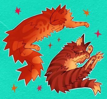 Rule 34 | animal, animal focus, aqua background, brown cat, cat, claws, closed eyes, commentary, english commentary, highres, kitty (fernwhisker), leafpool, lying, no humans, orange cat, pawpads, siblings, simple background, sisters, sleeping, sparkle, squirrelstar, warrior cats