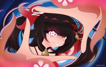 1girl absurdres bare_shoulders bell cherry_blossoms choker eyelashes halterneck highres honkai:_star_rail honkai_(series) looking_at_viewer open_mouth ornament promya ribbon sash self-upload smile solo sparkle_(honkai:_star_rail) standing symbol-shaped_pupils twintails