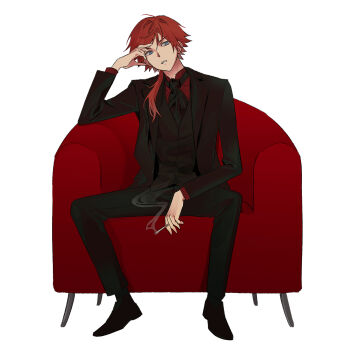 Rule 34 | 1boy, between legs, black necktie, black pants, black shoes, black suit, cigarette, couch, formal clothes, full body, hair between eyes, hair intakes, hand between legs, hand up, hashtag-only commentary, head tilt, highres, holding, holding cigarette, inedible0217, lauren iroas, lauren iroas (4th costume), long hair, long sleeves, looking to the side, male focus, necktie, nijisanji, official alternate costume, on couch, pants, parted lips, ponytail, red hair, shoes, side ponytail, simple background, sitting, smoke, smoking, solo, suit, vest, virtual youtuber, waistcoat, white background