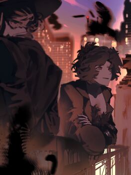 2girls :d against_railing black_coat black_hair building city_lights coat dress facing_away feather_dress feather_hair_ornament feathers grey_hair hair_bun hair_ornament highres holding_own_arm multiple_girls open_mouth purple_sky railing red_dress red_eyes reverse:1999 schneider_(reverse:1999) short_hair sky smile solo_focus twilight upper_body vertin_(reverse:1999) wilson_(wilson1151487)