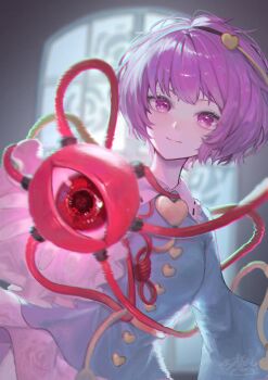 Rule 34 | 1girl, ao hoshi, blue shirt, blurry, blurry background, breasts, buttons, closed mouth, commentary request, cowboy shot, day, distortion, dot nose, eyeball, floral print, frilled shirt collar, frilled sleeves, frills, hair ornament, hairband, heart, heart button, heart hair ornament, highres, holding, holding eyeball, indoors, komeiji satori, leaning to the side, light smile, long sleeves, looking at viewer, outstretched arm, pink eyes, pink hair, red eyes, ribbon-trimmed collar, ribbon trim, rose print, shirt, short hair, small breasts, solo, third eye, touhou, wide sleeves, window