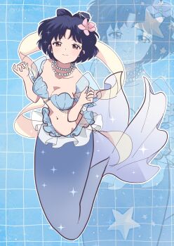 absurdres artist_name bare_shoulders bead_necklace beads bikini blue_bikini blue_hair blue_sleeves bob_cut breasts brown_eyes cleavage closed_mouth collarbone commentary curled_fingers flower full_body grid_background hair_flower hair_ornament half-closed_eyes hands_up highres jewelry light_smile looking_at_viewer mermaid midriff monster_girl navel necklace outline parted_bangs pearl_hair_ornament pearl_necklace pink_flower puffy_short_sleeves puffy_sleeves ranma_1/2 sash see-through_clothes see-through_sleeves shell shell_bikini short_sleeves signature smile sparkle star_(symbol) swimsuit tail_raised tendou_akane tomoe00022 twitter_username w_arms white_outline yellow_sash zoom_layer