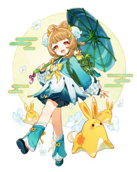 1girl :d aqua_dress aqua_leg_warmers artist_name asahikawa_hiyori backpack_basket black_shoes blue_dress blue_umbrella blunt_bangs bow bow-shaped_hair brown_eyes brown_hair china_dress chinese_clothes commentary_request dress egasumi eyelashes flower genshin_impact hair_flower hair_ornament hairclip hand_up holding holding_umbrella layered_dress leg_warmers long_sleeves looking_at_viewer mandarin_collar medium_hair official_alternate_costume oil-paper_umbrella open_mouth pleated_dress puffy_long_sleeves puffy_sleeves rabbit_hair_ornament shoes sidelocks smile solo tassel twitter_username umbrella white_background white_dress white_flower yaoyao_(genshin_impact) yaoyao_(rainlit_bamboo_reverie)_(genshin_impact) yellow_bow yuegui_(genshin_impact)