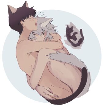 Rule 34 | 2boys, animal, animal ears, blush, brown hair, cat, cat boy, cat ears, cat tail, closed eyes, commentary request, from side, grey hair, highres, hug, ikari shinji, male focus, multiple boys, nagisa kaworu, neon genesis evangelion, nude, open mouth, skinny, tail, tears, upper body, yaoi, yorumi1117