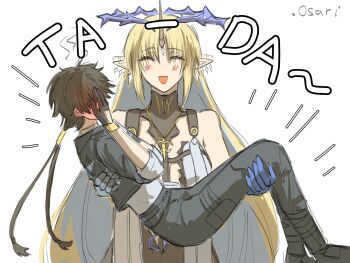 Rule 34 | .osari, 1boy, 1girl, :d, bare shoulders, black collar, black gloves, black hair, black jacket, black pants, blonde hair, blush, breasts, closed eyes, collar, commentary, covering face, crown of thorns, ear wiggle, earrings, english commentary, fleurdelys (wuthering waves), floating earrings, gloves, highres, horns, jacket, jewelry, large breasts, long hair, long horns, male rover (wuthering waves), necklace, open mouth, out of character, pants, pointy ears, reverse princess carry, rover (wuthering waves), sidelocks, single horn, smile, very long hair, wuthering waves, yellow horns