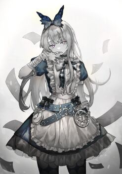 Rule 34 | 1girl, absurdres, alice (grimlight), apron, argyle bow, argyle clothes, argyle pantyhose, bandaged arm, bandages, bandaid, bandaid on finger, bandaid on hand, belt, blue belt, blue dress, blue eyes, bow, bowtie, bright pupils, butterfly hair ornament, card, chain, choker, commentary, covering own mouth, cowboy shot, dress, frills, grimlight, hair ornament, half-closed eyes, hand up, heart, heart-shaped pupils, heart choker, highres, long hair, looking at viewer, multicolored eyes, pantyhose, partially colored, pink eyes, playing card, pocket watch, puffy short sleeves, puffy sleeves, ribbon, short sleeves, simple background, single sidelock, solo, sparkle, standing, striped bow, striped bowtie, striped clothes, symbol-shaped pupils, watch, white apron, white background, white pantyhose, white pupils, yuma (yuma880905)