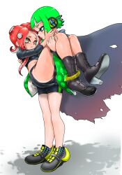 Rule 34 | 2girls, agent 3 (splatoon), agent 8 (splatoon), bike shorts, black footwear, black shirt, black shorts, blue eyes, boots, cape, carrying, crop top, eye contact, green hair, headgear, high heel boots, high heels, highres, inkling, inkling girl, inkling player character, koharu2.5, long hair, looking at another, multiple girls, nintendo, octoling, octoling girl, octoling player character, orange eyes, princess carry, red hair, shirt, shoes, shorts, simple background, sleeves past elbows, splatoon (series), splatoon 2, splatoon 2: octo expansion, standing, suction cups, tentacle hair, torn cape, torn clothes, white background