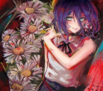 1girl akari_(akariimia) arm_behind_back bare_shoulders black_choker black_ribbon black_shorts blush breasts chainsaw_man choker closed_mouth collared_shirt commentary english_commentary flower green_eyes grenade_pin head_tilt highres imminent_explosion lips looking_at_viewer neck_ribbon pull_cord pulling purple_hair reze_(chainsaw_man) ribbon shirt shirt_tucked_in shorts sleeveless sleeveless_shirt small_breasts solo white_flower white_shirt