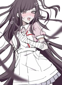 Rule 34 | 1girl, apron, bandaged arm, bandages, blue skirt, blurry, blush, brown hair, collared shirt, cowboy shot, danganronpa (series), danganronpa 2: goodbye despair, diagonal bangs, drooling, eyelashes, hand on own chest, heart, highres, long hair, mouth drool, nene (n ene), open mouth, pink shirt, pleated skirt, puffy short sleeves, puffy sleeves, red eyes, shirt, short sleeves, simple background, sketch, skirt, smile, solo, tsumiki mikan, very long hair, white apron, white background