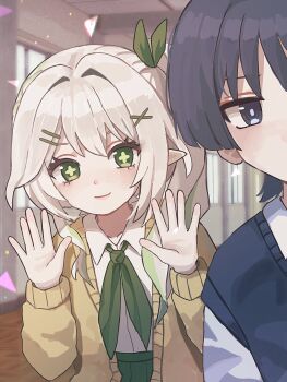 1boy 1girl alternate_costume asymmetrical_sidelocks black_cardigan black_eyes black_hair blunt_ends bright_pupils cardigan closed_mouth collared_shirt commentary contemporary cross-shaped_pupils eyelashes eyeliner eyeshadow genshin_impact green_eyes green_hair green_pupils hair_intakes hair_ornament hairclip hallway hands_up highres indoors leaning_to_the_side long_hair long_sleeves looking_at_viewer makeup multicolored_hair nahida_(genshin_impact) nomi_(crazyab0utyou) open_cardigan open_clothes open_hands pointy_ears red_eyeliner red_eyeshadow scaramouche_(genshin_impact) school_uniform shirt side_ponytail sidelocks smile streaked_hair symbol-only_commentary symbol-shaped_pupils tsurime undershirt white_hair white_pupils white_shirt white_sleeves window wispy_bangs yellow_cardigan yellow_sleeves