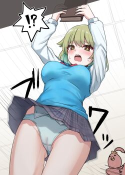 !? 1girl blue_panties blush book bow bow_panties breasts brown_eyes cameltoe clothes_lift commentary_request dragon_musume_ni_naritakunai! duel_masters from_below gluteal_fold green_hair grey_skirt hair_between_eyes highres holding holding_book indoors long_sleeves medium_breasts motion_lines nagareboshi_asche open_mouth panties plaid_clothes plaid_skirt pleated_skirt puffy_long_sleeves puffy_sleeves rumiya9i shirt skirt skirt_lift solo speed_lines spoken_interrobang sweat sweater_vest underwear white_shirt