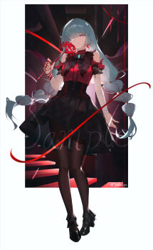 1girl absurdres bandage_over_one_eye black_shoes black_skirt clothing_cutout commentary commentary_request english_commentary flower grey_hair hair_over_one_eye highres holding holding_flower long_hair looking_at_viewer nail_polish partial_commentary phrolova_(wuthering_waves) pink_eyes plaid_clothes plaid_skirt red_nails red_ribbon red_shirt ribbon sample_watermark shirt shoes short_sleeves shoulder_cutout skindentation skirt solo spider_lily sukaliya thigh_strap twintails watermark white_ribbon wuthering_waves