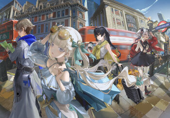 1boy 3girls absurdres aqua_bow bag bare_shoulders black_flower black_hair black_skirt blake_bloom_(wuthering_waves) bow braid breasts brown_hair camellya_(wuthering_waves) coat collarbone colored_eyelashes commentary_request cup disposable_coffee_cup disposable_cup earrings eyewear_on_head female_rover_(wuthering_waves) flower gold_earrings hair_bow hair_flower hair_ornament hair_ribbon hair_vines hand_up highres holding holding_bag holding_cup holding_map jewelry jinhsi_(wuthering_waves) long_hair looking_at_viewer low-braided_long_hair low-tied_long_hair map medium_breasts multiple_girls off-shoulder_shirt off_shoulder official_alternate_costume outdoors parted_lips ribbon rolling_suitcase rover_(wuthering_waves) shirt shopping_bag short_hair skirt smile suitcase sunglasses suspender_skirt suspenders triangle_earrings veerinly white_coat white_eyelashes white_eyes white_shirt wuthering_waves xiangli_yao_(wuthering_waves) yellow_eyes yellow_ribbon