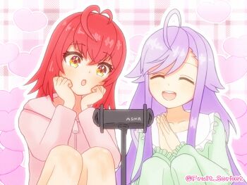 2girls :d ahoge blush closed_eyes commentary_request heart highres interlocked_fingers kashiwa_1210 long_hair long_sleeves multiple_girls niizuma_yae ootori_kokona open_mouth pajamas purple_hair red_hair smile twitter_username world_dai_star yellow_eyes