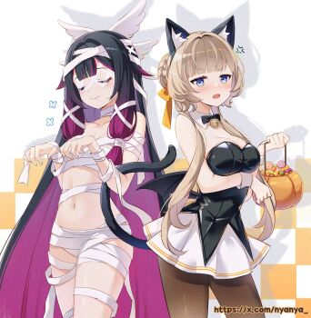 2girls anger_vein animal_ear_fluff animal_ears arm_under_breasts bandages bare_arms bare_shoulders bell black_bow black_bowtie black_hair blue_eyes blush bow bowtie braid breasts brown_hair brown_pantyhose bun_with_braided_base candy candy_corn cat_ears cat_tail checkered_background cleavage closed_eyes collar columbina_(genshin_impact) commentary_request detached_collar eye_mask food genshin_impact gradient_hair hair_bun hair_intakes hair_ornament halloween_bucket highres holding jingle_bell lollipop long_hair mask medium_breasts multicolored_hair multiple_girls mummy_costume naked_bandage neck_bell nyanya pantyhose purple_hair sandrone_(genshin_impact) skirt swirl_lollipop tail two-tone_hair very_long_hair watermark web_address white_background white_collar white_skirt wing_hair_ornament wrist_cuffs