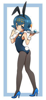 Rule 34 | 1girl, alternate costume, animal ears, ass, bare arms, black pantyhose, blue eyes, blue hair, blush, bow, bowtie, breasts, champagne glass, cup, detached collar, dive ball, drinking glass, fake animal ears, female focus, flat ass, from side, full body, hair ornament, hairband, hamburger kitazawa, high heels, holding, holding plate, lana (pokemon), legs, looking at viewer, nintendo, one-piece swimsuit, pantyhose, pantyhose under swimsuit, plate, playboy bunny, playboy bunny swimsuit, poke ball, pokemon, pokemon sm, rabbit ears, rabbit tail, short hair, simple background, small breasts, smile, solo, swimsuit, tail, tray, trial captain, white background, wrist cuffs