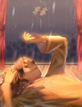 1boy brown_eyes brown_hair butterfly_on_face changpao charoreenalee18 chinese_clothes closed_mouth cloud cloudy_sky commentary_request curtains fish goldfish hand_up highres holding light_particles lipstick long_sleeves looking_at_hand looking_at_viewer lying makeup male_focus marking_on_cheek nikki_(series) on_back orange_changpao parted_bangs qin_yi_(shining_nikki) rain red_lips sad shadow shining_nikki short_hair sky smeared_lipstick solo stage upper_body