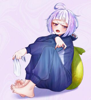 1girl absurdres ahoge animal_costume arched_back barefoot blue_bodysuit blush bodysuit commentary_request feet foot_focus full_body hair_ornament highres holding_sock knees_up medium_hair nail_polish open_mouth original pietrosatou pink_background presenting_foot purple_eyes purple_nails shadow shark_costume sharp_teeth sitting socks soles solo teeth toenail_polish toenails toes unworn_socks v-shaped_eyebrows