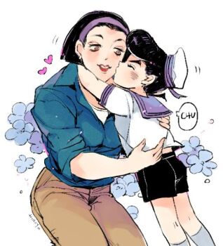 1boy 1girl aged_down black_hair brown_eyes child diamond_wa_kudakenai hairband hat hatoyama_itsuru hetero higashikata_josuke higashikata_tomoko hug jojo_no_kimyou_na_bouken kiss kissing_cheek large_forehead lipstick makeup mother_and_son pompadour sailor_collar sailor_hat short_hair shorts