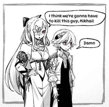 1boy 1girl :o commentary drag-on_dragoon drag-on_dragoon_3 dress english_text flower flower_over_eye hair_between_eyes hair_ribbon hand_on_another&#039;s_shoulder hand_on_own_hip highres i_think_we&#039;re_gonna_have_to_kill_this_guy_steven_(meme) jacket long_hair meme mikhail_(drag-on_dragoon) navel personification pink_eyes ribbon ruivhel short_hair sidelocks sinoalice speech_bubble spot_color symbol-only_commentary zero_(drag-on_dragoon)