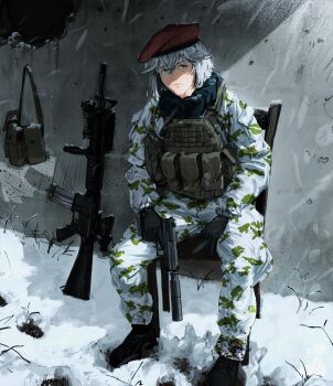 Rule 34 | 1girl, absurdres, ammunition pouch, assault rifle, beret, black boots, black gloves, blue eyes, blue scarf, boots, bulletproof vest, camouflage, camouflage jacket, camouflage pants, chair, concrete, darius billie (moonkez), gloves, gun, hat, highres, holding, holding gun, holding weapon, jacket, on chair, original, pants, pouch, rifle, scarf, shaded face, sitting, snow, suppressor, weapon, white hair