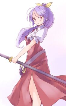 1girl belt black_belt blush breasts buttons commentary_request dress feet_out_of_frame front_slit hair_ribbon holding holding_sheath light_frown long_hair medium_breasts o-ring o-ring_belt pink_background ponytail puffy_short_sleeves puffy_sleeves purple_hair rangycrow red_dress red_eyes ribbon sheath sheathed shirt short_sleeves sideways_glance solo sword touhou watatsuki_no_yorihime weapon white_shirt yellow_ribbon