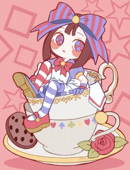 1girl absurdres alice_(alice_in_wonderland) alice_(alice_in_wonderland)_(cosplay) alice's_adventures_in_wonderland alternate_costume artist_logo asymmetrical_footwear asymmetrical_gloves blue_dress blue_eyes blue_footwear blue_gloves blush_stickers bow brown_hair club_(shape) cookie cosplay cup diamond_(shape) dress flower food gloves hair_bow highres logo looking_at_viewer mismatched_footwear mismatched_gloves multicolored_eyes napkin pomni_(the_amazing_digital_circus) red_bow red_eyes red_flower red_footwear red_gloves red_rose rose saucer scruffyart short_hair sitting socks solo spade_(shape) square star_(symbol) striped_bow striped_clothes striped_socks teacup the_amazing_digital_circus triangle_mouth two-tone_eyes vertical-striped_bow watermark