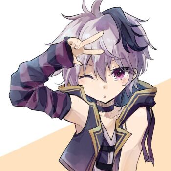 1girl androgynous arm_warmers bad_id bad_twitter_id choker commentary cropped_jacket flower_(vocaloid) flower_(vocaloid4) hand_up jacket looking_at_viewer one_eye_closed parted_lips purple_arm_warmers purple_eyes purple_hair purple_jacket saritone short_hair sleeveless sleeveless_jacket sleeves_past_wrists solo striped_arm_warmers triangle_mouth upper_body vocaloid w_over_head