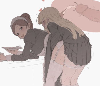 1futa 1girl black_skirt blonde_hair breasts brown_eyes brown_hair censored closed_eyes clothed_sex clothes_lift cross-section cum cum_in_pussy doggystyle dress ejaculation futa_with_female futanari futanari-sama_(mdf_an) grey_background hair_bun hair_bun_maid_(mdf_an) happy happy_sex heart holding holding_plate internal_cumshot large_breasts long_dress long_hair long_skirt long_sleeves looking_at_another maid maid_headdress mdf_an mosaic_censoring open_mouth original panties panty_pull penis plate sex sex_from_behind simple_background single_hair_bun skirt skirt_lift smile standing standing_sex thighhighs underwear white_legwear white_panties wince yuri