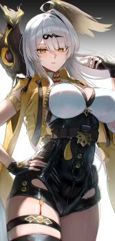 1girl 1other absurdres ahoge animal animal_on_shoulder armlet bird bird_on_shoulder black_bird black_gloves black_unitard breasts coin coin_on_string commentary_request cowboy_shot fingerless_gloves garter_straps gloves gradient_background hair_between_eyes hair_ornament hairpin hana_hebi hand_on_own_hip high-waist_shorts highres jacket jewelry large_breasts long_hair looking_at_viewer parted_lips shorts single_garter_strap single_hair_intake single_thighhigh solo_focus thigh_strap thighhighs white_background white_hair yellow_eyes yellow_jacket yixuan_(zenless_zone_zero) zenless_zone_zero