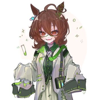 Rule 34 | 1girl, agnes tachyon (umamusume), ahoge, animal ears, bag, black skirt, bow, breasts, brown hair, chemical structure, coat, commentary request, ear ornament, ear ribbon, earrings, glasses, green necktie, green ribbon, grey coat, hair between eyes, hands up, highres, horse ears, horse girl, jewelry, kk (pixiv 83235599), long sleeves, looking at viewer, medium breasts, necktie, open clothes, open coat, open mouth, pinstripe jacket, pinstripe pattern, red eyes, ribbon, semi-rimless eyewear, short hair, shoulder bag, simple background, single earring, skirt, sleeves past fingers, sleeves past wrists, smile, solo, stitched neck, stitches, umamusume, under-rim eyewear, variant set, white background, yellow skirt