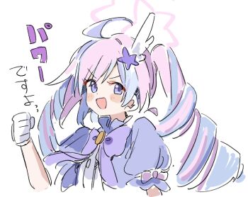 1girl ahoge blue_archive blue_hair blush bow clenched_hand drill_hair gloves hair_ornament halo hand_up long_hair looking_at_viewer multicolored_hair open_mouth pink_hair puffy_short_sleeves puffy_sleeves purple_bow purple_eyes purple_hair reisa_(blue_archive) reisa_(magical)_(blue_archive) short_sleeves simple_background sketch smile solo star_(symbol) star_hair_ornament streaked_hair twintails two-tone_hair upper_body white_background white_gloves youbi_(0ver_sd)