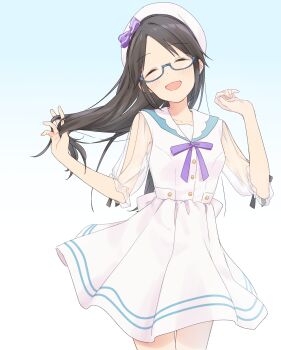 Rule 34 | 1girl, black hair, blue-framed eyewear, blue ribbon, blush, closed eyes, commentary request, cowboy shot, dress, gradient background, hair between fingers, hat, highres, idolmaster, idolmaster shiny colors, long hair, mitsumine yuika, open mouth, pachiko, ribbon, see-through clothes, see-through sleeves, semi-rimless eyewear, smile, solo, under-rim eyewear, white dress, white hat