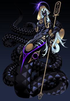 1boy abs animal animal_hood apep_(mythology) black_background black_cape black_dress black_scales black_skin blue_hair cape colored_sclera colored_skin colored_tongue commentary dress edarow egyptian_mythology fangs fingernails full_body gradient_background holding holding_staff hood hood_up hooded_cape lamia_boy long_hair looking_at_viewer male_focus monster_boy puffy_male_chest purple_eyes purple_tongue sharp_fingernails sharp_teeth simple_background snake snake_hood solo staff teeth toned toned_male very_long_hair yellow_sclera