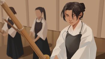 3girls absurdres black_dress black_eyes black_hair dress faceless fighting_stance hair_bun highres holding holding_staff jung_heewon multiple_girls no_lineart omniscient_reader&#039;s_viewpoint people serious shirt staff umbrvx upper_body white_shirt