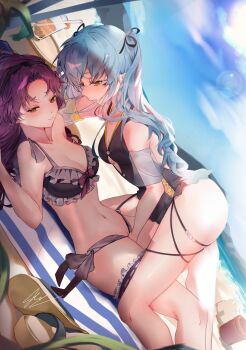 2girls absurdres ass beach bikini black_bikini black_ribbon blue_hair blue_sky blush breasts commentary eiyuu_densetsu english_commentary fingering fingering_through_clothes hair_ribbon hajimari_no_kiseki highres k_hannah light_smile long_hair multiple_girls purple_hair pussy renne_(eiyuu_densetsu) ribbon sen_no_kiseki sen_no_kiseki_(series) sen_no_kiseki_iv sky swimsuit through_clothes tio_plato yellow_eyes yuri