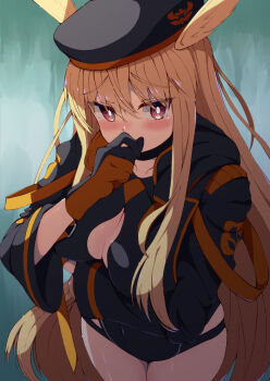 1girl beret black_gloves black_hat black_jacket black_one-piece_swimsuit blonde_hair blush breasts choker cleavage cleavage_cutout clothing_cutout fate/grand_order fate_(series) gloves hat head_wings highres hood hooded_jacket jacket large_breasts long_hair long_sleeves looking_at_viewer one-piece_swimsuit open_clothes open_jacket peisuto red_eyes sidelocks solo swimsuit thighs thrud_(fate) thrud_(swimsuit_assassin)_(fate) valkyrie_(fate) wings