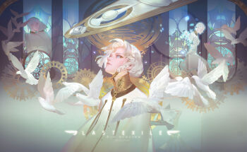 2boys absurdres bird blue_eyes braid breaking character_name cloak copyright_name dio_eraclea dove gears gold_collar grey_background highres hug last_exile lips looking_up lucciola multiple_boys multiple_views saintluthien short_hair single_braid spacecraft stained_glass watermark white_cloak white_hair