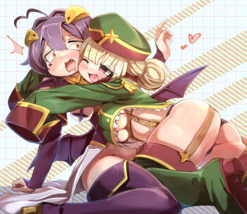 Rule 34 | 2girls, absurdres, ahoge, aiguillette, aq gohan, araga kiwi, ass, black footwear, black hair, black panties, black pants, black shrug, black wings, blonde hair, blush, boots, breasts, cleavage, commentary, cropped jacket, cross tattoo, demon horns, demon wings, facial tattoo, fang, forward-facing horns, frown, garter straps, green footwear, green headwear, green jacket, hair bun, hat, heart, highres, hiiragi utena, horns, hug, jacket, kneeling, leaning back, leaning forward, leoparde (mahou shoujo ni akogarete), looking at another, low wings, lowleg, lowleg pants, magia baiser, magical girl, mahou shoujo ni akogarete, medium breasts, medium hair, military hat, military jacket, multiple girls, no pants, one eye closed, open mouth, orange eyes, panties, pants, pasties, purple eyes, short hair, shrug (clothing), sitting, smile, tattoo, thigh boots, underboob, underbust, underwear, very long sleeves, wariza, wings, yellow horns, yuri