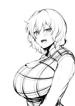 1girl ascot blush breasts collared_shirt commentary_request greyscale huge_breasts kazami_yuuka long_sleeves looking_at_viewer looking_to_the_side monochrome open_mouth plaid_clothes plaid_vest sadahiro_(chicken_nugget_gyuuniku_aji) shirt short_hair simple_background smile solo touhou upper_body vest