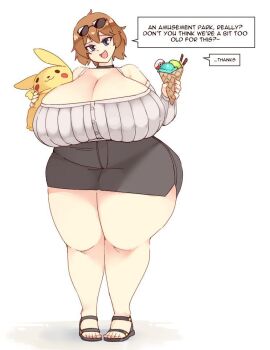 1girl aged_up blue_eyes breasts brown_hair choker cleavage curvy female_focus food full_body gen_1_pokemon gigantic_breasts ice_cream looking_at_viewer may_(pokemon) nintendo pikachu pokemon rtil sandals short_hair solo speech_bubble thick_thighs thighs toes wide_hips