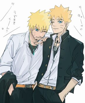 2boys black_jacket blonde_hair blue_eyes boruto:_two_blue_vortex facial_mark gakuran highres jacket jewelry male_focus multiple_boys naruto_(series) naruto_shippuuden necklace notane_n one_eye_closed scar scar_across_eye scar_on_face school_uniform time_paradox uzumaki_boruto uzumaki_naruto v whisker_markings