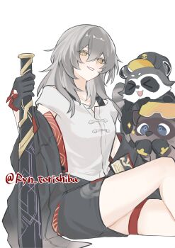 Rule 34 | 1girl, absurdres, animalization, baseball bat, black jacket, bra strap, chinese clothes, commentary request, cowboy shot, galactic baseballer (honkai: star rail), grey hair, hair between eyes, highres, holding, holding baseball bat, honkai: star rail, honkai (series), jacket, knee up, long hair, off shoulder, official alternate costume, parted lips, person and animalization, raccoon, ryn torishiba, shirt, simple background, sitting, smile, solo, stelle (honkai: star rail), stelle (vim and vigor) (honkai: star rail), thigh strap, trailblazer (honkai: star rail), twitter username, white background, white shirt, yellow eyes