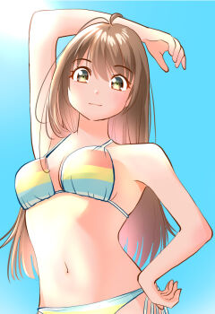 Rule 34 | 1girl, :3, arm above head, bikini, blue sky, breasts, brown eyes, brown hair, halterneck, hand on own hip, long hair, looking at viewer, multicolored bikini, navel, original, side-tie bikini bottom, sky, solo, standing, striped bikini, striped clothes, swimsuit, yamanaka kouji (yanchiki2001)