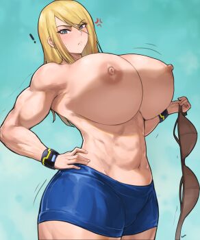 Rule 34 | !, 1girl, absurdres, anger vein, batako (batakoart), blonde hair, blue eyes, blush, bra, breasts, curvy, female focus, hand on own hip, highres, holding, holding bra, holding underwear, huge breasts, long hair, looking at viewer, metroid, mole, mole under mouth, muscular, muscular female, navel, nintendo, samus aran, solo, thick thighs, thighs, topless female, underwear, wristband