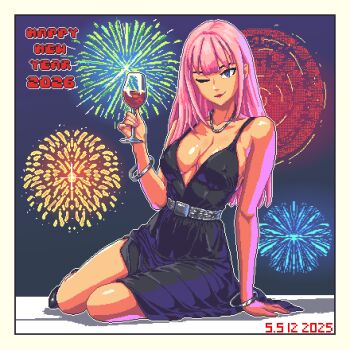 Rule 34 | alcohol, backless outfit, blunt bangs, breasts, champagne, cleavage, cocktail dress, cup, dated, dress, drinking glass, evening gown, hair between eyes, holding, katou asuka, large breasts, long hair, new year, pink hair, pixel art, santiagodraws, sleeveless, sleeveless dress, smile, watashi ga motenai no wa dou kangaetemo omaera ga warui!
