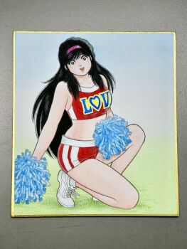 Rule 34 | 1girl, asaoka natsumi, black eyes, black hair, cheerleader, clothes writing, commentary request, crop top, full body, hairband, highres, long hair, looking at viewer, midriff, miura mitsuru, official artist extra, on one knee, open mouth, pink hairband, pom pom (cheerleading), red shirt, red shorts, shirt, shoes, short shorts, shorts, sleeveless, sleeveless shirt, smile, sneakers, solo, teeth, the kabocha wine, thighs, traditional media, upper teeth only, very long hair, white shoes