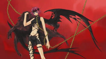 00s 1girl anime_screenshot asymmetrical_clothes blue_eyes breasts chain chain_leash clamp coat code_geass collar demon_wings female_focus headband kouzuki_kallen large_breasts leash pink_hair red_hair sleeveless solo torn_clothes wings
